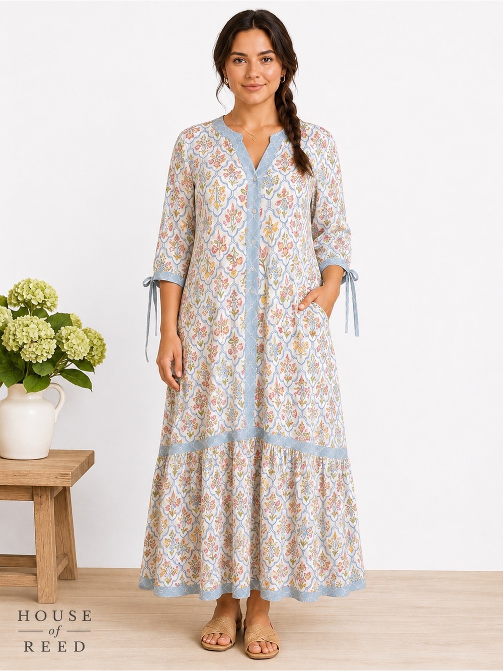 Cactus + Pearl Floral Boho Maxi Dress XL Blue Pink Cottagecore Rayon Tie Sleeve